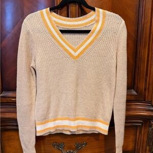 Women's Cream V-Neck Sweater with Yellow Stripe Trim size small